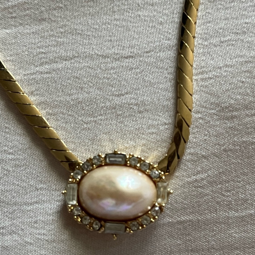 Christian Dior Vintage Gold Necklace with Faux Pearl and rhinestones